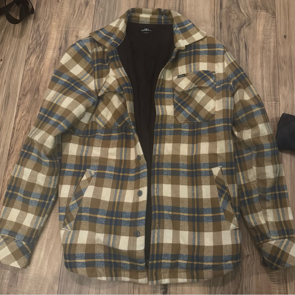 O'Neill Men's Plaid Jacket in Brown, Blue, and Cream